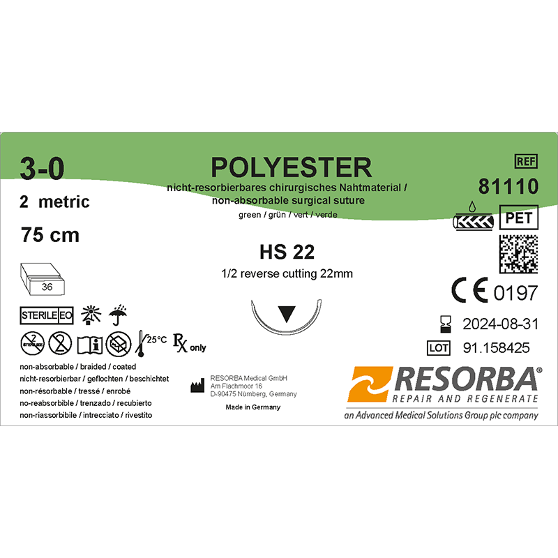 Поліестер USP3-0 зелений, довжина 75см, зворотньо-ріжуча голка 22мм, 1/2 кола
